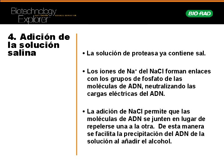 4. Adición de la solución salina • La solución de proteasa ya contiene sal.