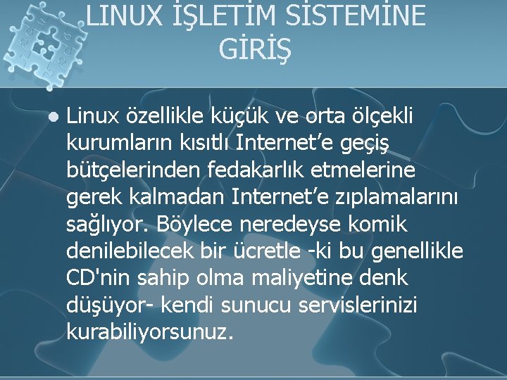 LINUX İŞLETİM SİSTEMİNE GİRİŞ l Linux özellikle küçük ve orta ölçekli kurumların kısıtlı Internet’e
