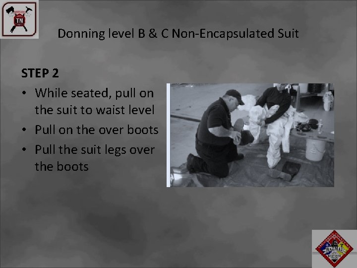 Donning level B & C Non-Encapsulated Suit STEP 2 • While seated, pull on