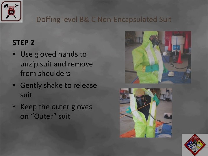 Doffing level B& C Non-Encapsulated Suit STEP 2 • Use gloved hands to unzip