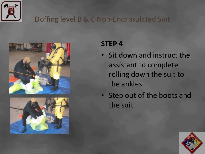 Doffing level B & C Non-Encapsulated Suit STEP 4 • Sit down and instruct