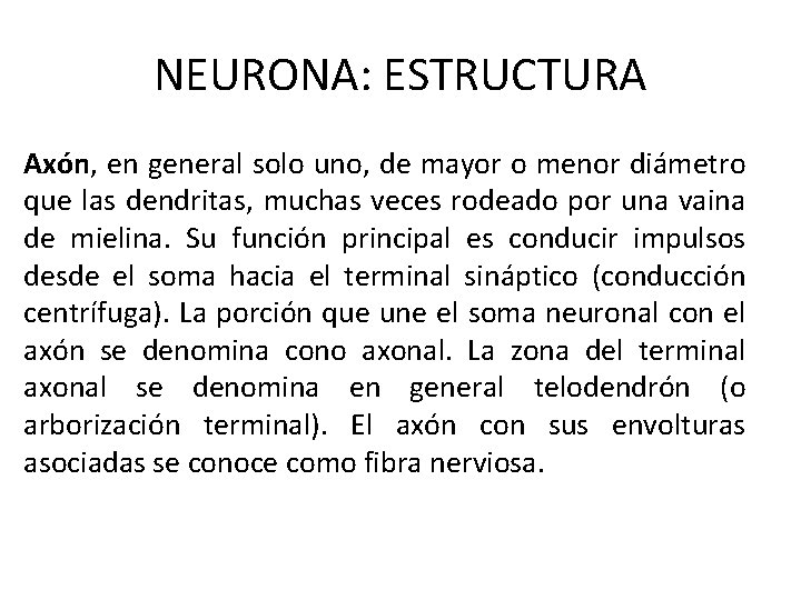 NEURONA: ESTRUCTURA Axón, en general solo uno, de mayor o menor diámetro que las NEURONA: ESTRUCTURA Axón, en general solo uno, de mayor o menor diámetro que las