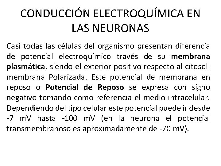 CONDUCCIÓN ELECTROQUÍMICA EN LAS NEURONAS Casi todas las células del organismo presentan diferencia de CONDUCCIÓN ELECTROQUÍMICA EN LAS NEURONAS Casi todas las células del organismo presentan diferencia de