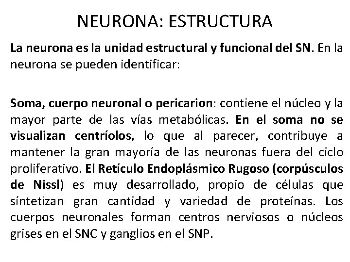 NEURONA: ESTRUCTURA La neurona es la unidad estructural y funcional del SN. En la