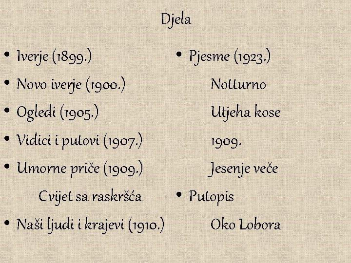 Djela • • • Iverje (1899. ) • Pjesme (1923. ) Notturno Novo iverje