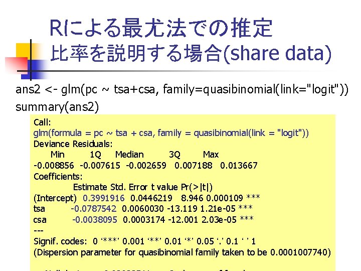 Rによる最尤法での推定 比率を説明する場合(share data) ans 2 <- glm(pc ~ tsa+csa, family=quasibinomial(link="logit")) summary(ans 2) Call: glm(formula