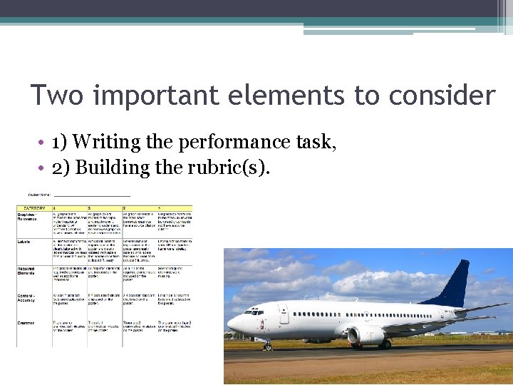 Two important elements to consider • 1) Writing the performance task, • 2) Building