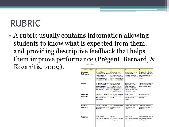 RUBRIC • A rubric usually contains information allowing students to know what is expected