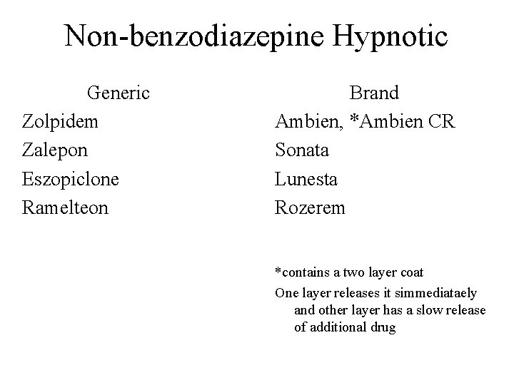 Non-benzodiazepine Hypnotic Generic Zolpidem Zalepon Eszopiclone Ramelteon Brand Ambien, *Ambien CR Sonata Lunesta Rozerem