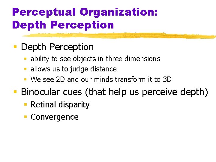 Perceptual Organization: Depth Perception § ability to see objects in three dimensions § allows