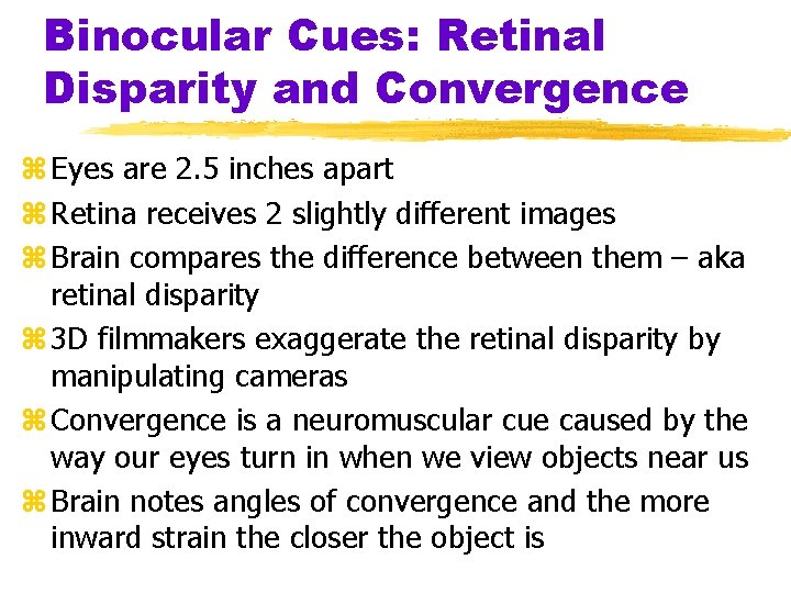 Binocular Cues: Retinal Disparity and Convergence z Eyes are 2. 5 inches apart z