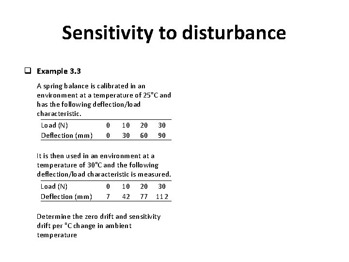 Sensitivity to disturbance q Example 3. 3 A spring balance is calibrated in an