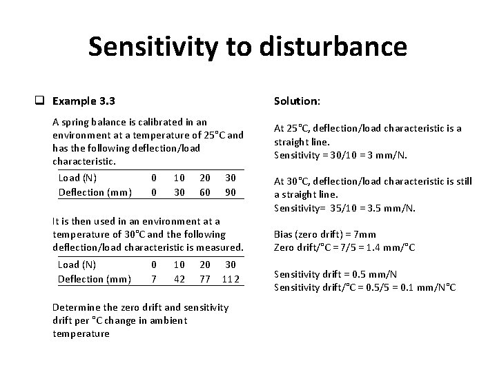 Sensitivity to disturbance q Example 3. 3 Solution: A spring balance is calibrated in