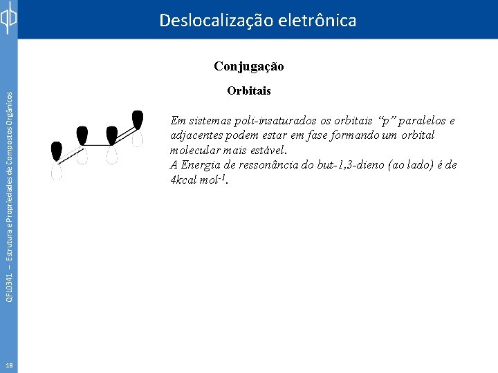 Deslocalização eletrônica QFL 0341 – Estrutura e Propriedades de Compostos Orgânicos Conjugação 18 Orbitais