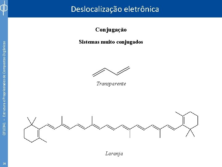 Deslocalização eletrônica QFL 0341 – Estrutura e Propriedades de Compostos Orgânicos Conjugação Sistemas muito