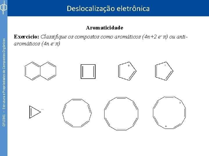 Deslocalização eletrônica QFL 0341 – Estrutura e Propriedades de Compostos Orgânicos Aromaticidade Exercício: Classifique