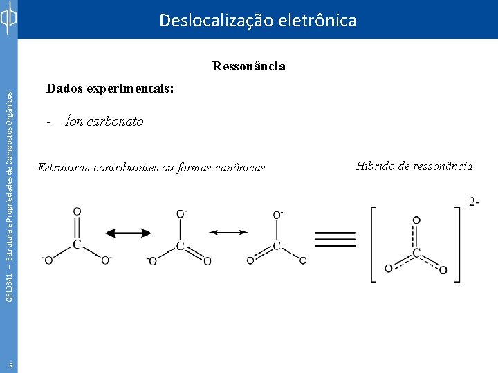 Deslocalização eletrônica QFL 0341 – Estrutura e Propriedades de Compostos Orgânicos Ressonância 9 Dados