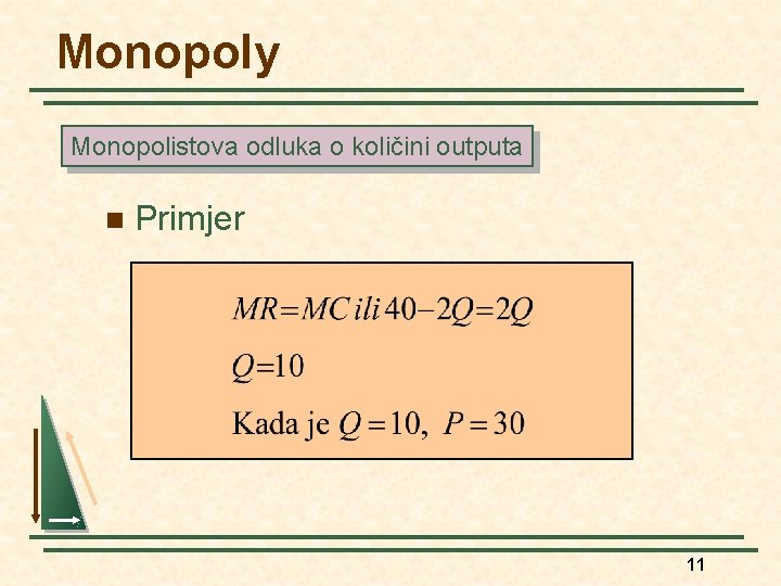Monopoly Monopolistova odluka o količini outputa n Primjer 11 