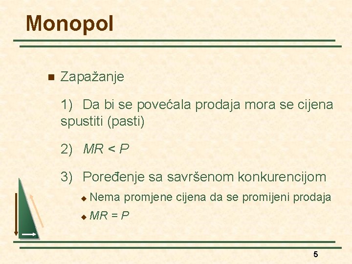 Monopol n Zapažanje 1) Da bi se povećala prodaja mora se cijena spustiti (pasti)