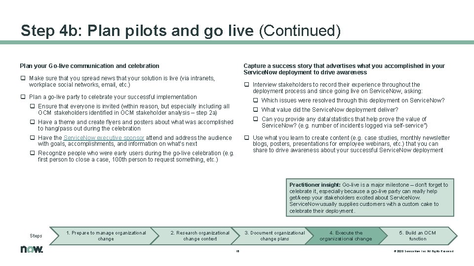 Step 4 b: Plan pilots and go live (Continued) Capture a success story that