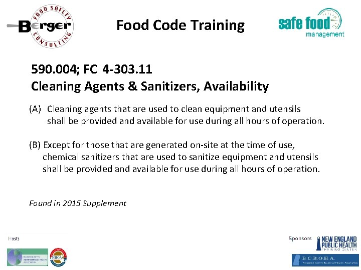 Food Code Training 590. 004; FC 4‐ 303. 11 Cleaning Agents & Sanitizers, Availability