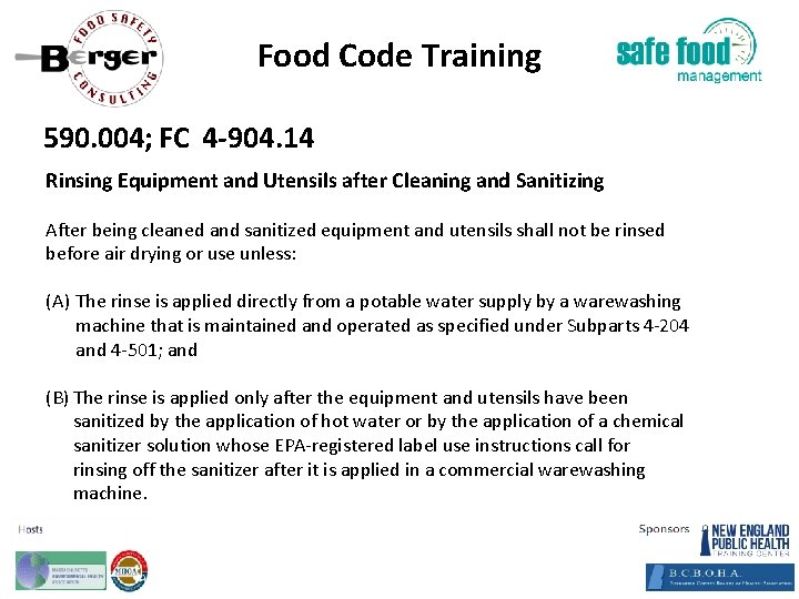 Food Code Training 590. 004; FC 4‐ 904. 14 Rinsing Equipment and Utensils after