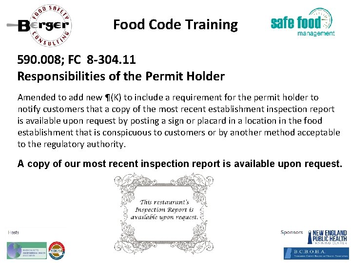 Food Code Training 590. 008; FC 8‐ 304. 11 Responsibilities of the Permit Holder