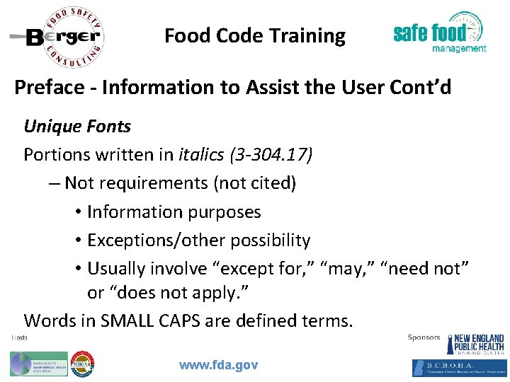 Food Code Training Preface ‐ Information to Assist the User Cont’d Unique Fonts Portions