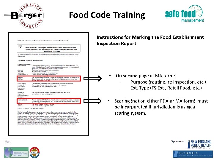 Food Code Training Instructions for Marking the Food Establishment Inspection Report • On second