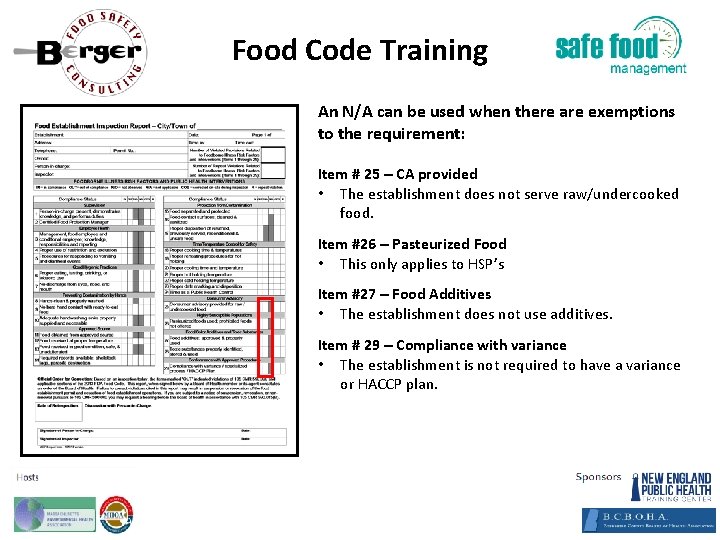 Food Code Training An N/A can be used when there are exemptions to the