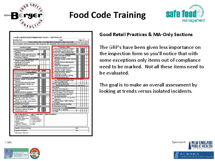 Food Code Training Good Retail Practices & MA‐Only Sections The GRP’s have been given