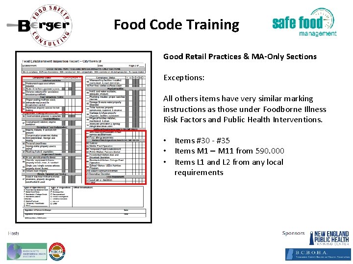 Food Code Training Good Retail Practices & MA‐Only Sections Exceptions: All others items have