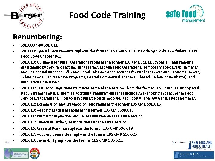 Food Code Training Renumbering: • • • 590. 009 now 590. 011 590. 009: