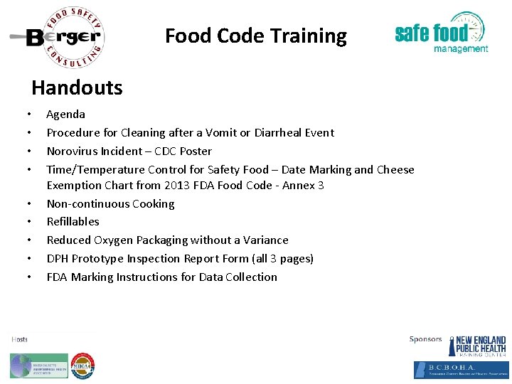 Food Code Training Handouts • • • Agenda Procedure for Cleaning after a Vomit