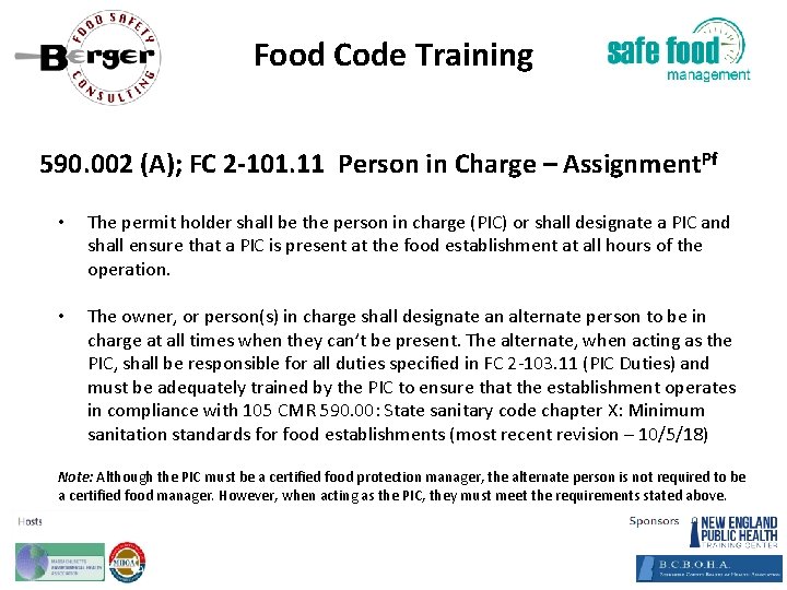 Food Code Training 590. 002 (A); FC 2‐ 101. 11 Person in Charge –