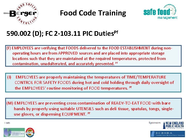 Food Code Training 590. 002 (D); FC 2‐ 103. 11 PIC Duties. Pf (F)