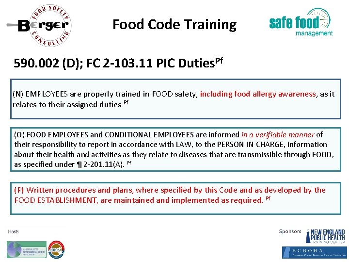 Food Code Training 590. 002 (D); FC 2‐ 103. 11 PIC Duties. Pf (N)
