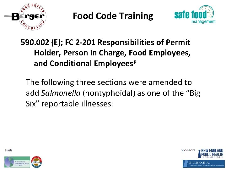 Food Code Training 590. 002 (E); FC 2‐ 201 Responsibilities of Permit Holder, Person
