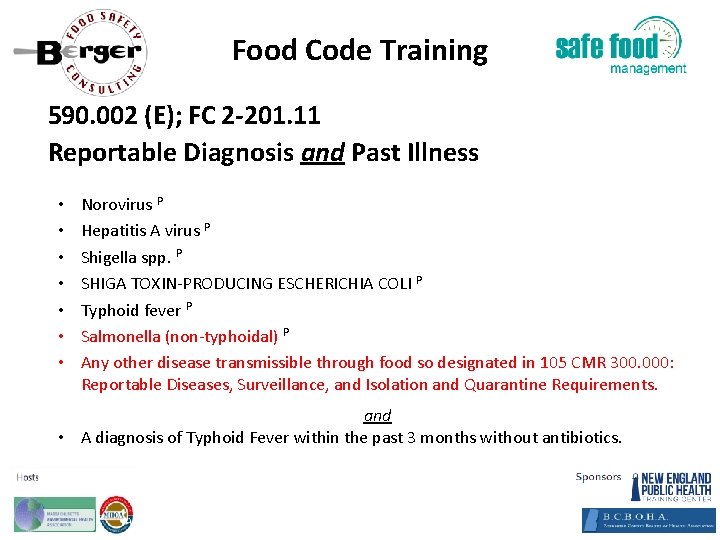 Food Code Training 590. 002 (E); FC 2‐ 201. 11 Reportable Diagnosis and Past