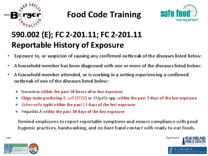 Food Code Training 590. 002 (E); FC 2‐ 201. 11 Reportable History of Exposure