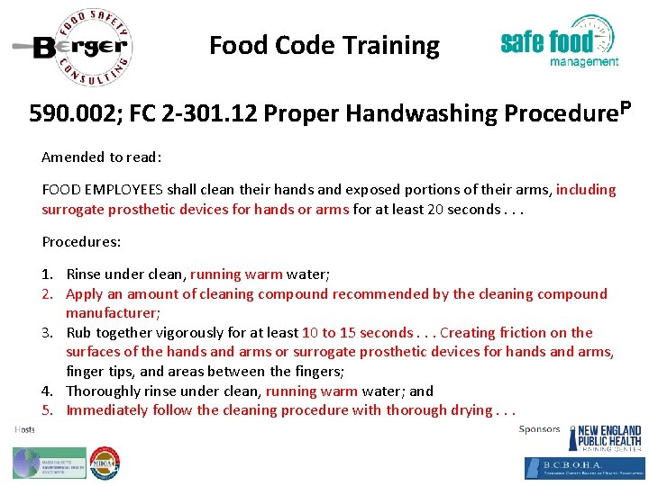 Food Code Training 590. 002; FC 2‐ 301. 12 Proper Handwashing Procedure. P Amended