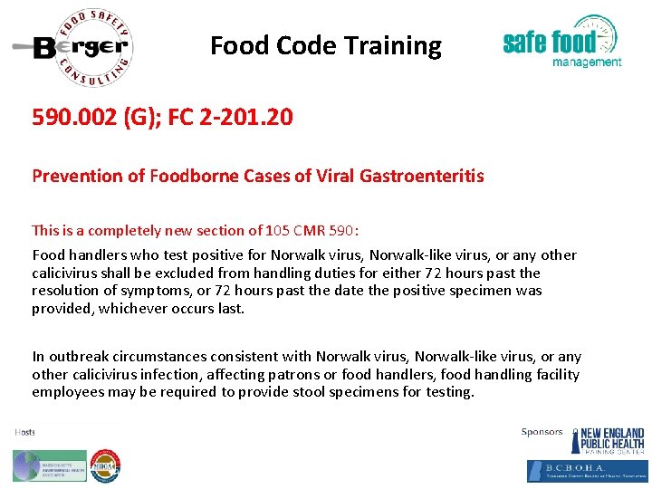 Food Code Training 590. 002 (G); FC 2‐ 201. 20 Prevention of Foodborne Cases