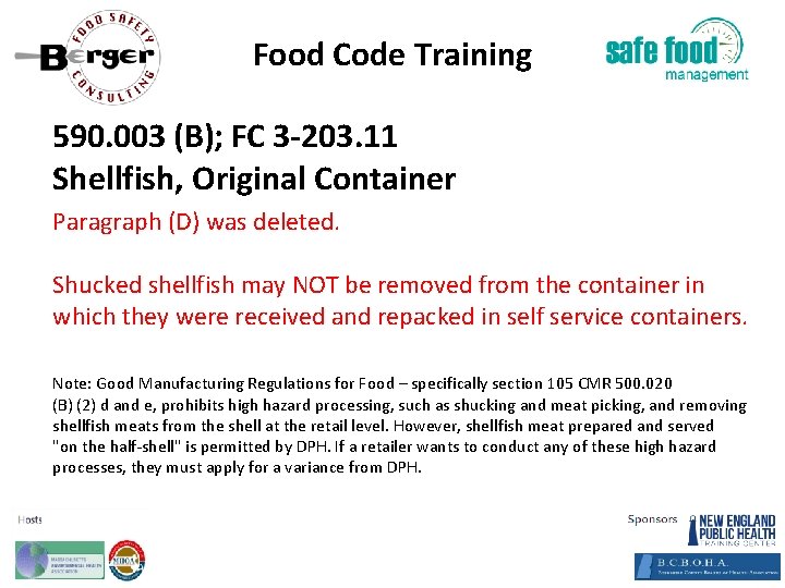 Food Code Training 590. 003 (B); FC 3‐ 203. 11 Shellfish, Original Container Paragraph