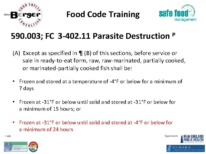 Food Code Training 590. 003; FC 3‐ 402. 11 Parasite Destruction P Except as