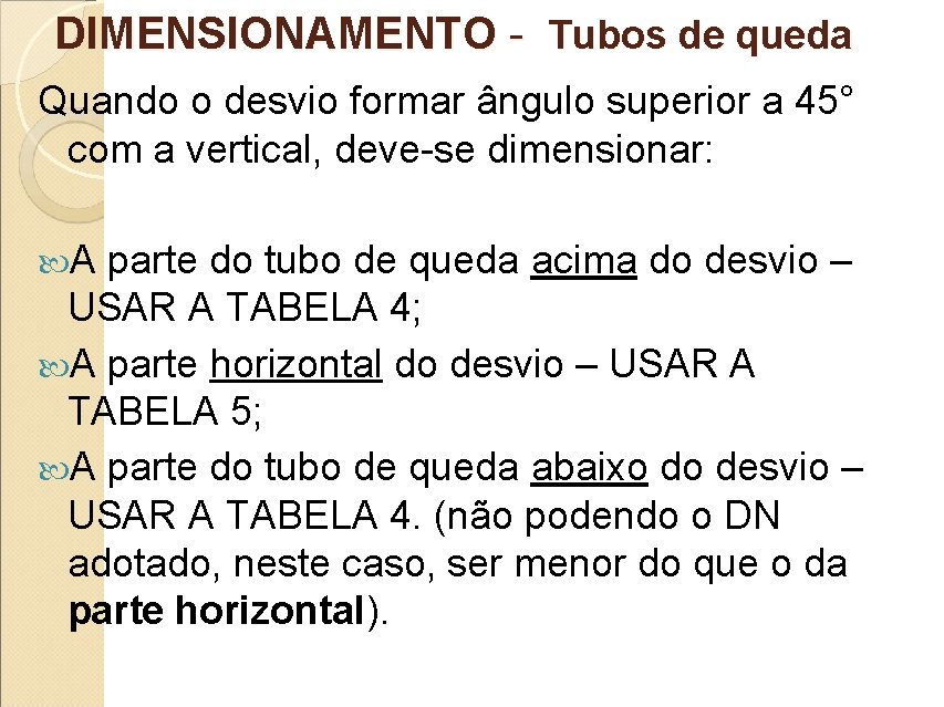 DIMENSIONAMENTO - Tubos de queda Quando o desvio formar ângulo superior a 45° com