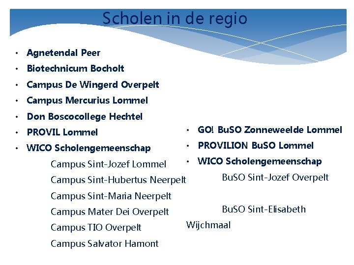 Scholen in de regio • Agnetendal Peer • Biotechnicum Bocholt • Campus De Wingerd