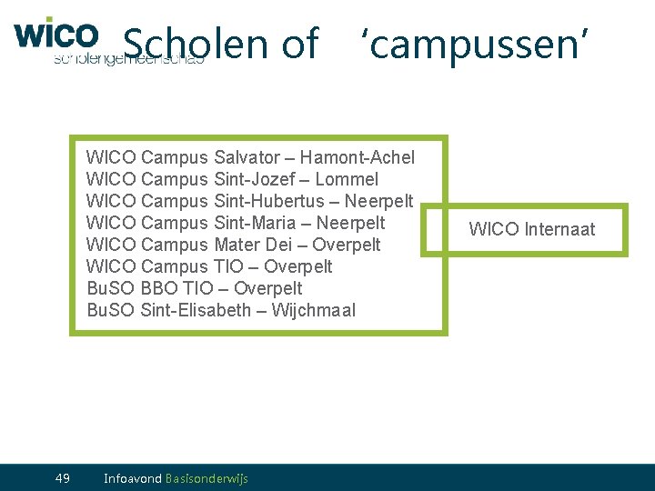 Scholen of ‘campussen’ WICO Campus Salvator – Hamont-Achel WICO Campus Sint-Jozef – Lommel WICO