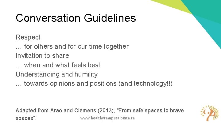 Conversation Guidelines Respect … for others and for our time together Invitation to share Conversation Guidelines Respect … for others and for our time together Invitation to share