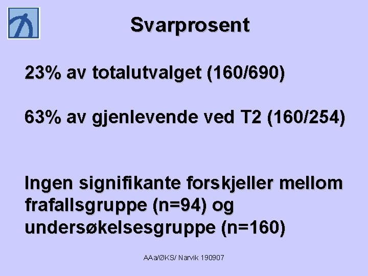 Svarprosent 23% av totalutvalget (160/690) 63% av gjenlevende ved T 2 (160/254) Ingen signifikante