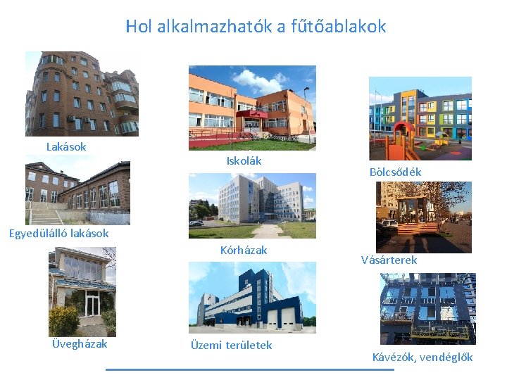 Hol alkalmazhatók a fűtőablakok Lakások Iskolák Bölcsődék Egyedülálló lakások Kórházak Üvegházak Üzemi területek Vásárterek